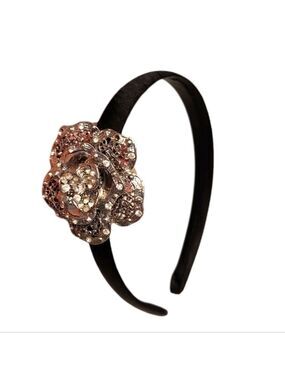 FLORAL Headband crystal embellished, black sateen band, silvertone flower